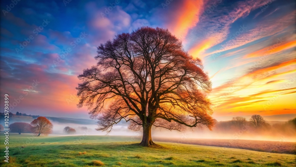 Majestic Leafless Tree in Foggy Rural Landscape Evoking Serenity and Mystery in Nature's Tranquil Setting Majestic Leafless Tree in Foggy Rural Landscape Evoking Serenity and Mystery in Nature's Tranquil Setting