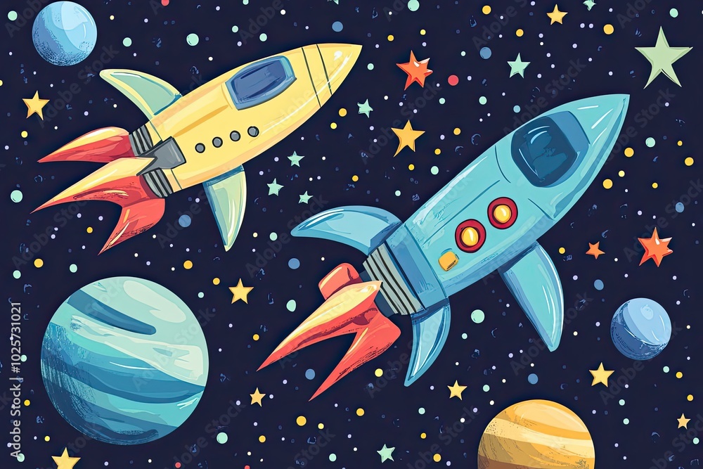 Two Cartoon Rockets Flying Through Space With Planets and Stars Two Cartoon Rockets Flying Through Space With Planets and Stars