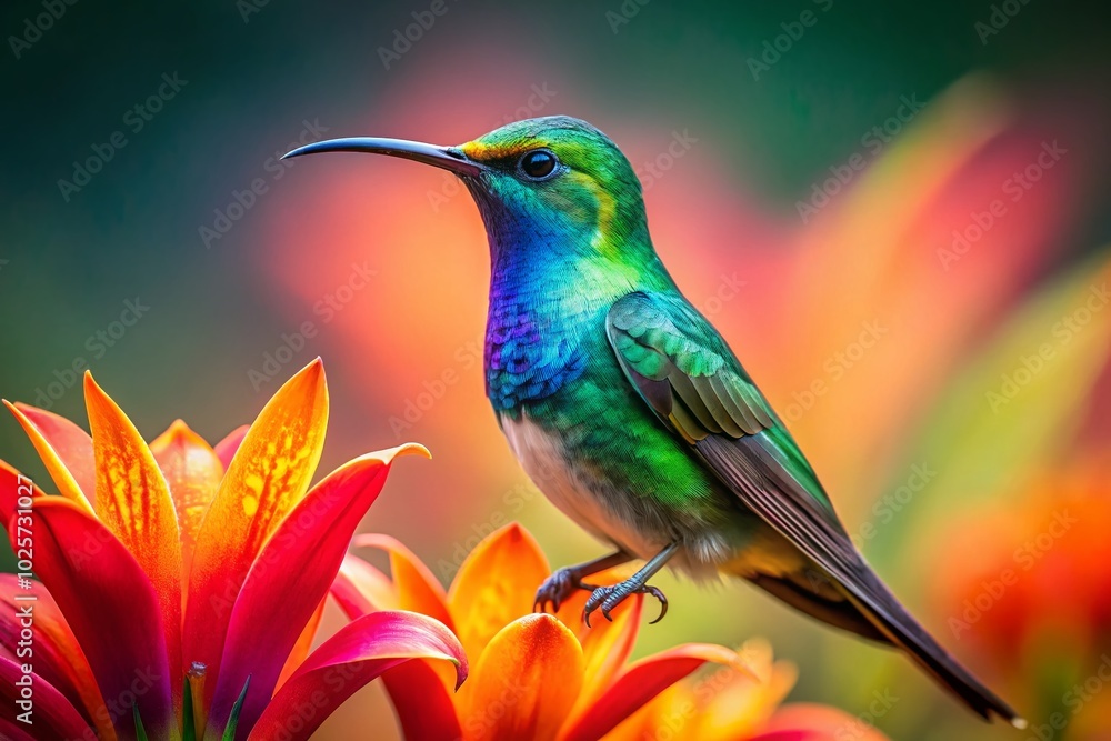 Majestic Lilybird perched gracefully on a vibrant flower, showcasing nature's beauty and elegance Majestic Lilybird perched gracefully on a vibrant flower, showcasing nature's beauty and elegance