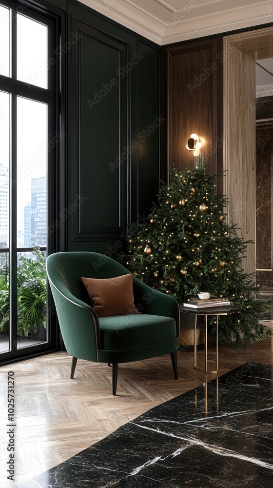 Fototapeta premium Elegant interior with green chair, festive tree, and modern decor, creating a cozy and inviting atmosphere for relaxation.