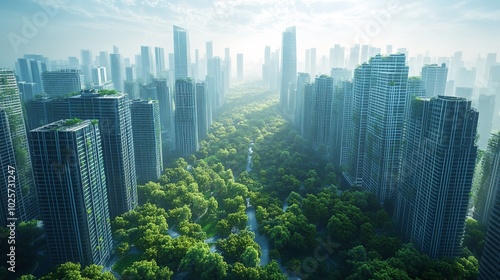 Futuristic Eco Friendly Skyscrapers Surrounded by Lush Greenery in a Sustainable Smart City