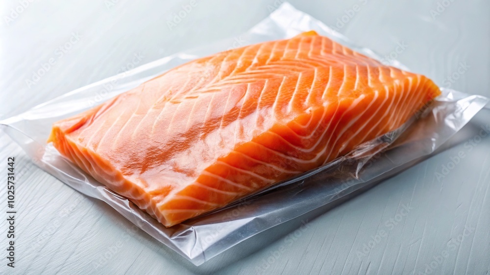 Close-Up of fresh and raw salmon fillet in transparent vacuum bag Close-Up of fresh and raw salmon fillet in transparent vacuum bag