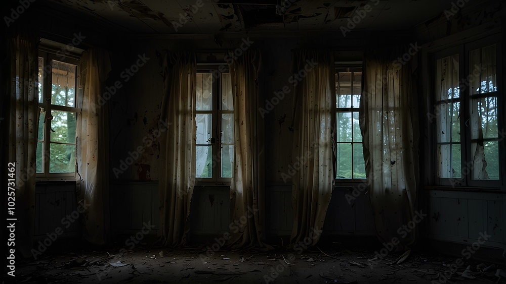 Mysterious Abandoned House with Faint Light Behind Tattered Curtains Mysterious Abandoned House with Faint Light Behind Tattered Curtains