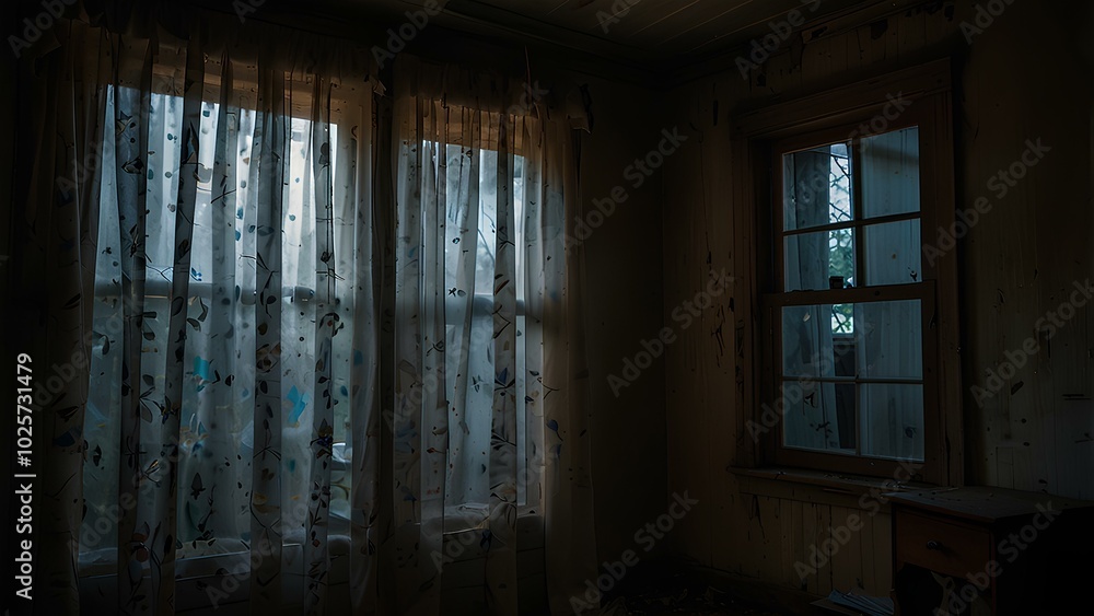 Mysterious Abandoned House with Faint Light Behind Tattered Curtains Mysterious Abandoned House with Faint Light Behind Tattered Curtains