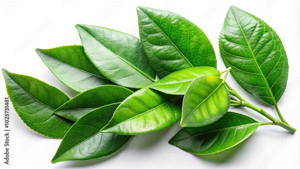Close-up of fresh citrus green leaves on white background Close-up of fresh citrus green leaves on white background