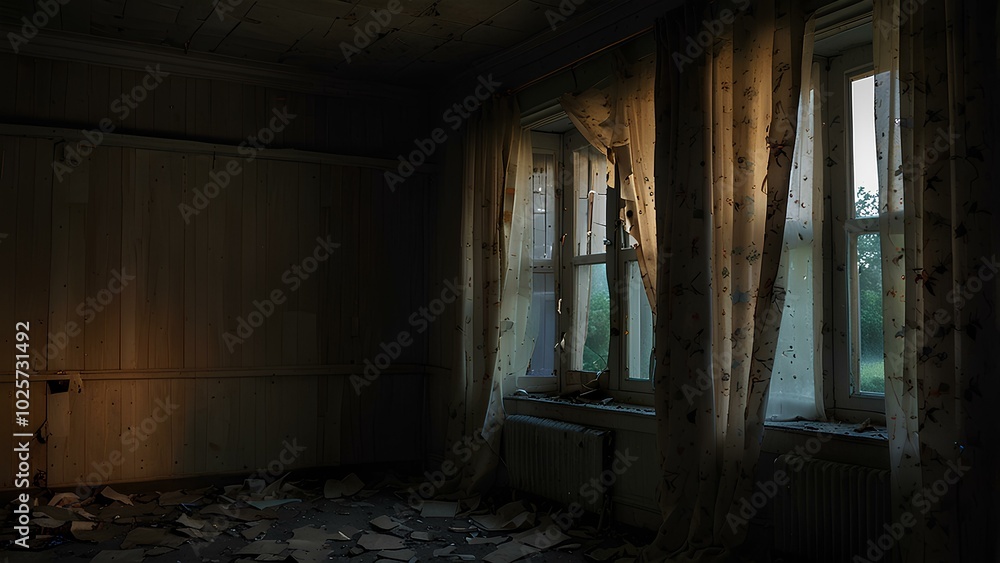 Mysterious Abandoned House with Faint Light Behind Tattered Curtains Mysterious Abandoned House with Faint Light Behind Tattered Curtains