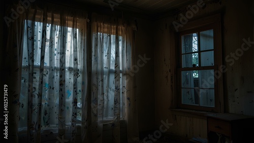 Mysterious Abandoned House with Faint Light Behind Tattered Curtains photo