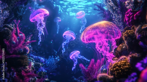 A mesmerizing bioluminescent underwater scene with glowing jellyfish and vibrant marine life illuminating the dark ocean.