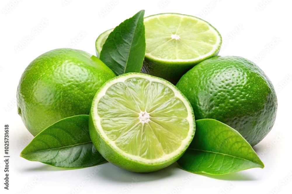 Close-up of fresh limes with leaves on white background Close-up of fresh limes with leaves on white background