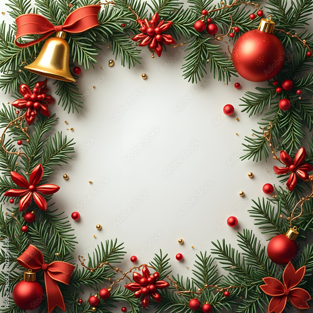 Christmas frame with pine branches, red flowers, and festive ornaments on blank background Christmas frame with pine branches, red flowers, and festive ornaments on blank background