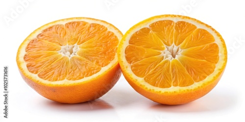 Close-up of fresh orange halves and slices isolated on white background