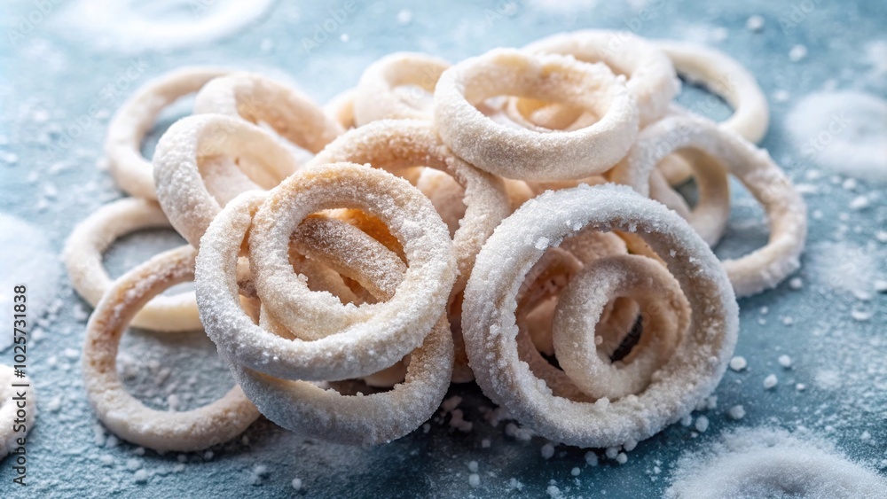 Close-up of frozen squid rings on a simple background Close-up of frozen squid rings on a simple background
