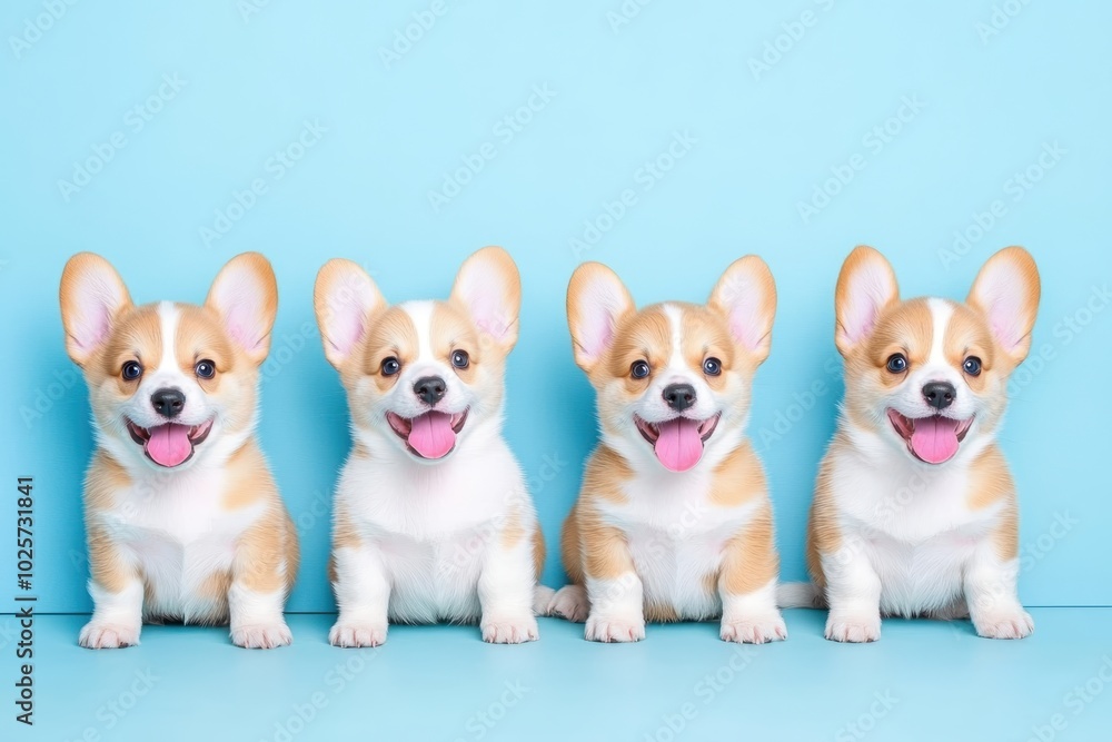 Charming corgi puppies sitting in row blue background Charming corgi puppies sitting in row blue background