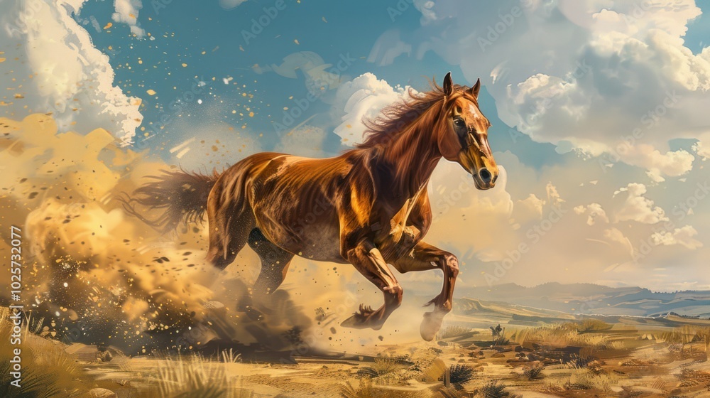 A brown horse running through a field of tall grass and kicking up dust, with a blue sky and white clouds in the background. A brown horse running through a field of tall grass and kicking up dust, with a blue sky and white clouds in the background.