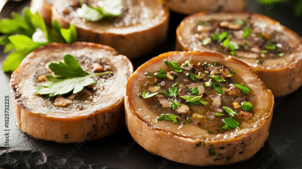 Savory roasted bone marrow with fresh herbs on slate Savory roasted bone marrow with fresh herbs on slate