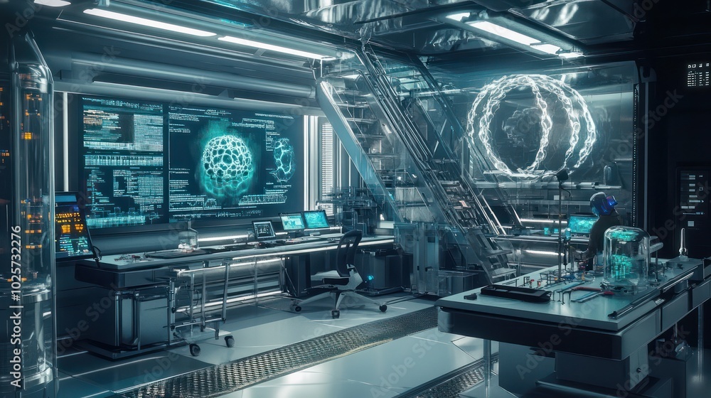 A futuristic genetic lab with advanced containment systems, where scientists study genetic mutations and experiment with custom-designed organisms A futuristic genetic lab with advanced containment systems, where scientists study genetic mutations and experiment with custom-designed organisms