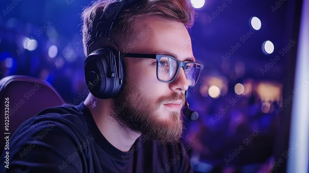 Gamer with Headphones and Microphone in Blue Lights Gamer with Headphones and Microphone in Blue Lights