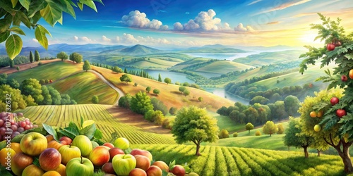 Explore the beauty of nature with this vibrant watercolor landscape art, showcasing fruits that delight any lover of nature and enhance home decor beautifully.