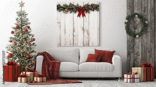 High-res canvas wall art in a Christmas farmhouse design with festive ornaments.