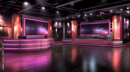 Modern TV Studio Set Design with Pink Lighting and Brick Walls photo