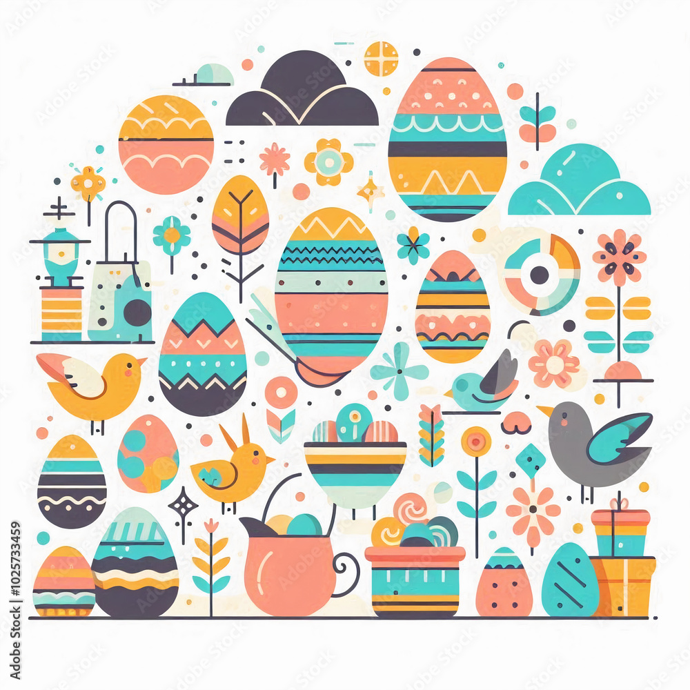 Fototapeta premium A pastel-colored illustration with decorated Easter eggs, spring flowers, and cute birds, evoking the spirit of Easter and springtime renewal