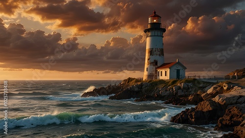 Old Lighthouse by the Sea at Sunset with Waves Crashing Against the Cliffs