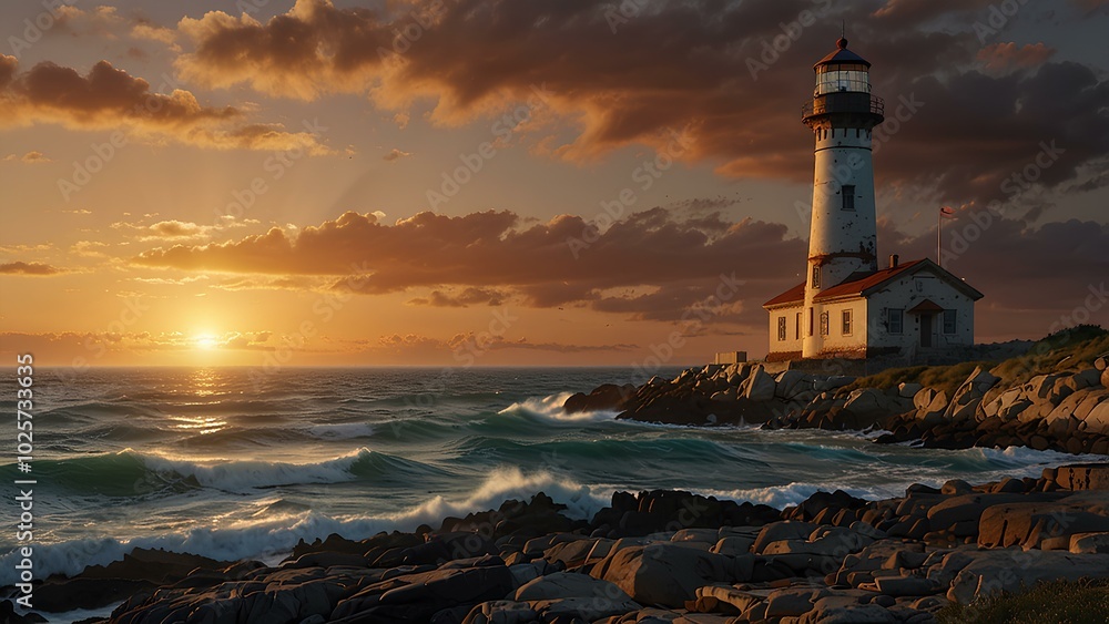 Naklejka premium Old Lighthouse by the Sea at Sunset with Waves Crashing Against the Cliffs