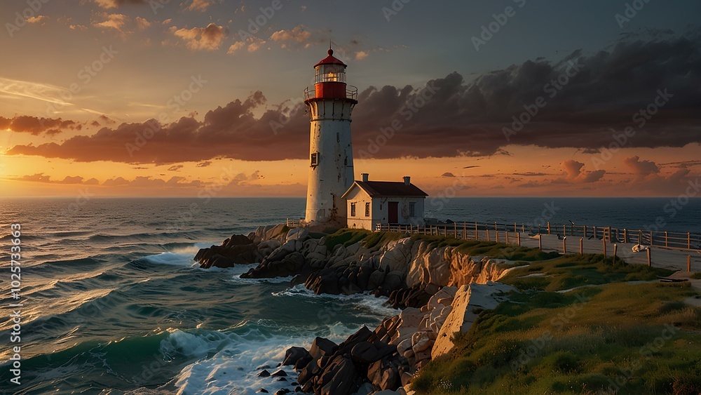 Old Lighthouse by the Sea at Sunset with Waves Crashing Against the Cliffs Old Lighthouse by the Sea at Sunset with Waves Crashing Against the Cliffs