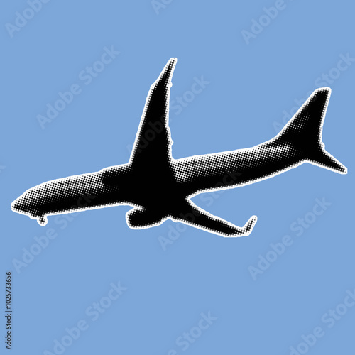 Close up of passenger airplane pixelate grayscale color halftone dotted texture style collage element isolated on blue background