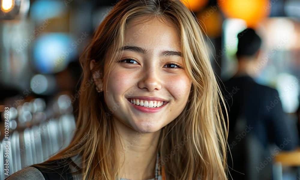 A young woman smiling warmly in a lively social setting. A young woman smiling warmly in a lively social setting.