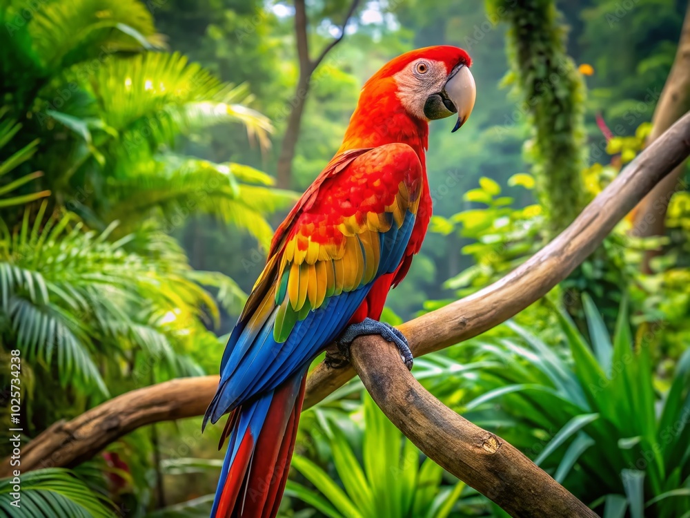 Majestic Mcaw Bird Perched on a Branch with Vibrant Feathers in a Lush Green Tropical Setting Majestic Mcaw Bird Perched on a Branch with Vibrant Feathers in a Lush Green Tropical Setting