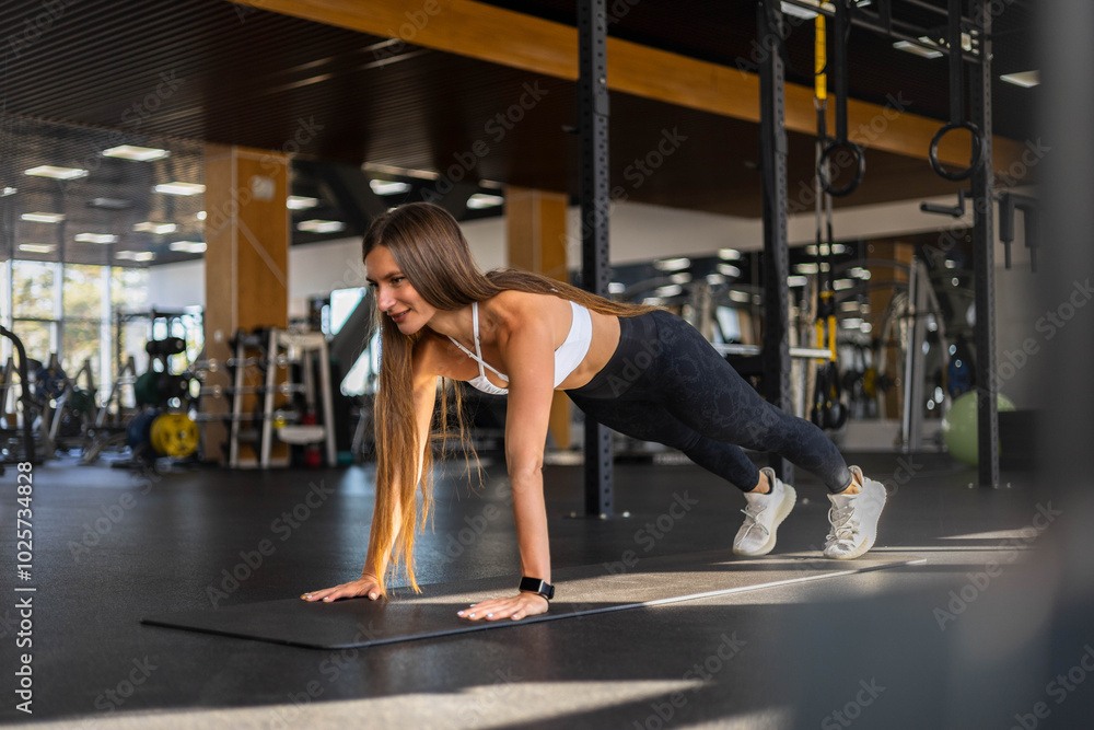 Obraz premium Smiling fitness woman stand in plank position doing push ups training at gym