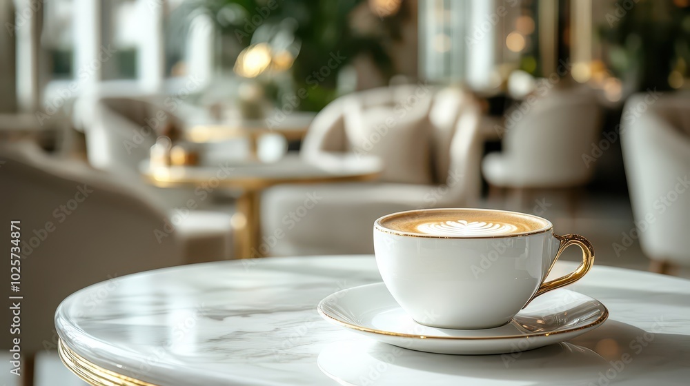Elegant coffee cup on a marble table in a cozy cafe with blurred background of comfortable seating and warm lighting. Elegant coffee cup on a marble table in a cozy cafe with blurred background of comfortable seating and warm lighting.