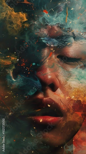 Abstract Portrait with Colorful Paint Splatter photo