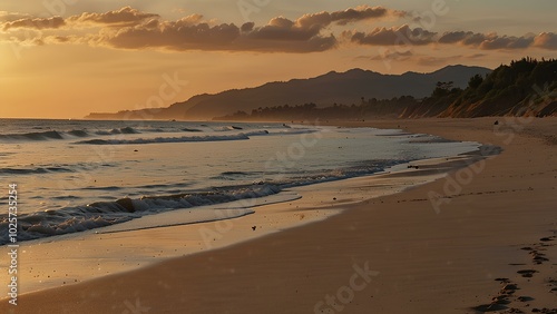 Peaceful Empty Shoreline at Dusk with Golden Sand and Ocean Views