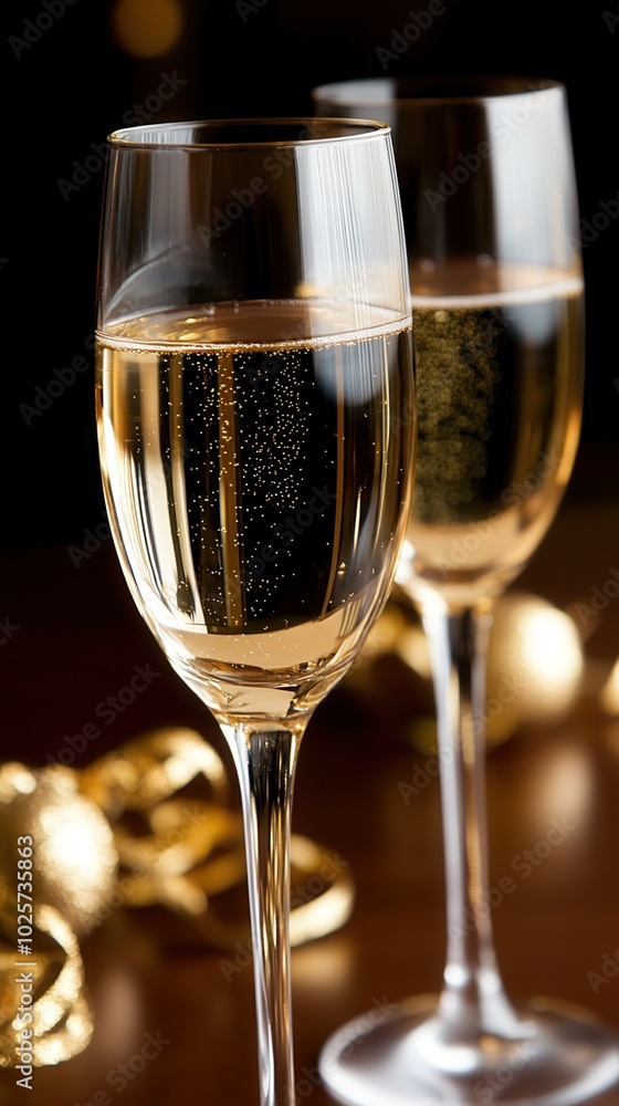 Two sparkling champagne glasses on a festive table, perfect for celebrations and special occasions. Two sparkling champagne glasses on a festive table, perfect for celebrations and special occasions.