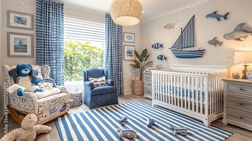 Nauticalthemed nursery with blue and white stripes, sailboat decor, and plush sea creatures, fresh and playful, wide shot photo