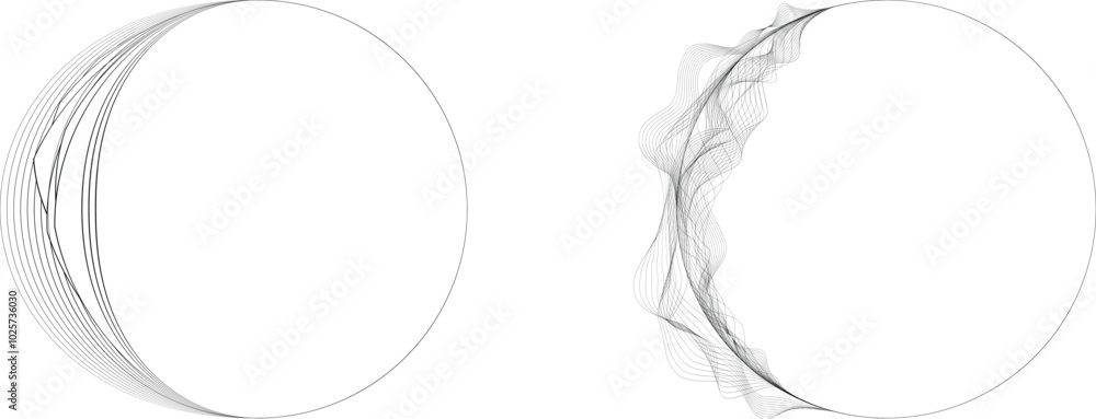 Half Circle lines Border . Crescent moon . Letter c in art line style for your Design . Moon logo . Moon phase . Semi circles with line edges. From order to chaos . Vector illustration Half Circle lines Border . Crescent moon . Letter c in art line style for your Design . Moon logo . Moon phase . Semi circles with line edges. From order to chaos . Vector illustration