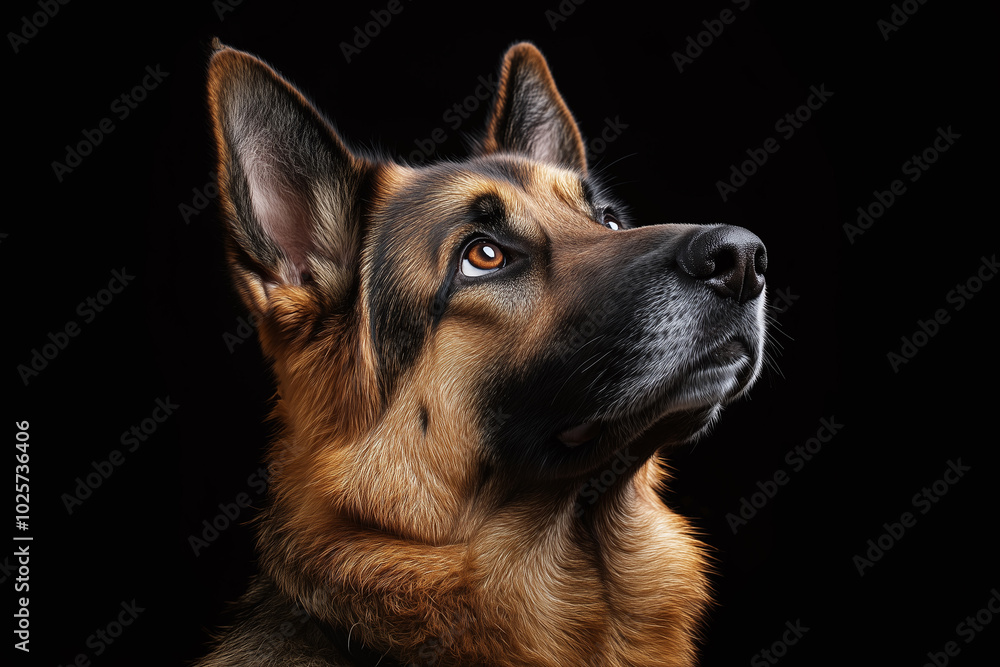 Majestic German Shepherd Portrait on Black Background Majestic German Shepherd Portrait on Black Background