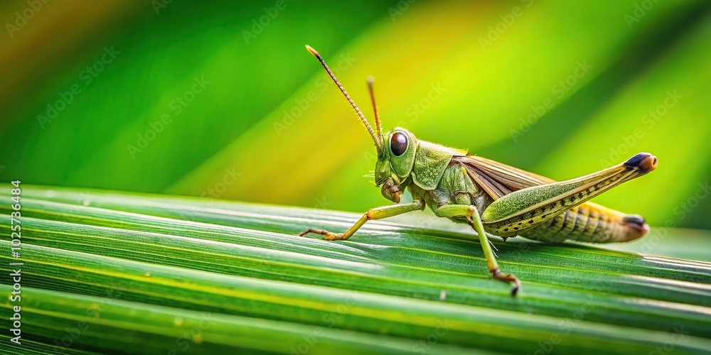 close-up of grasshopper sitting on green leaf with blurred background