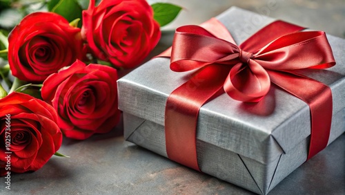 Close-up of grey present with red roses and ribbon