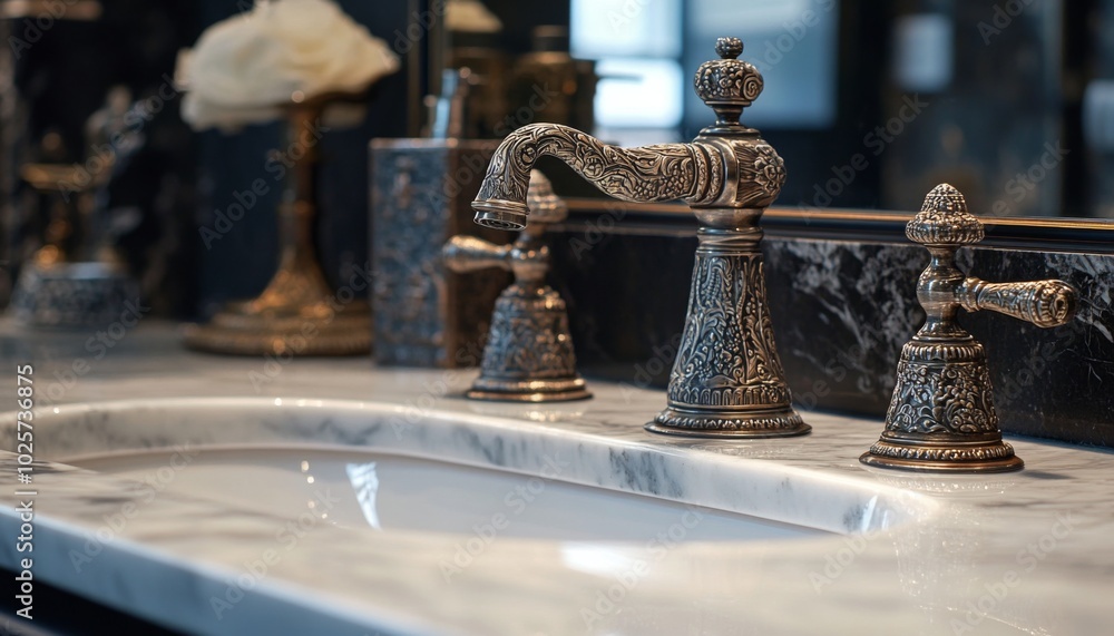 Ornate gold faucet on white marble sink. Ornate gold faucet on white marble sink.