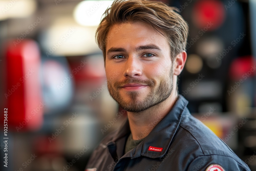 Man with a beard and a smile is wearing a blue shirt. He is standing in front of a red wall. Oil change mechanic technician male brown hair blurry background with red accents Man with a beard and a smile is wearing a blue shirt. He is standing in front of a red wall. Oil change mechanic technician male brown hair blurry background with red accents