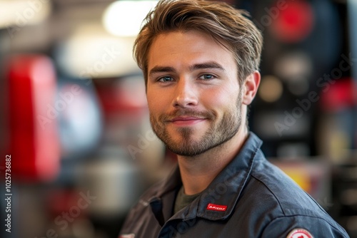 Man with a beard and a smile is wearing a blue shirt. He is standing in front of a red wall. Oil change mechanic technician male brown hair blurry background with red accents