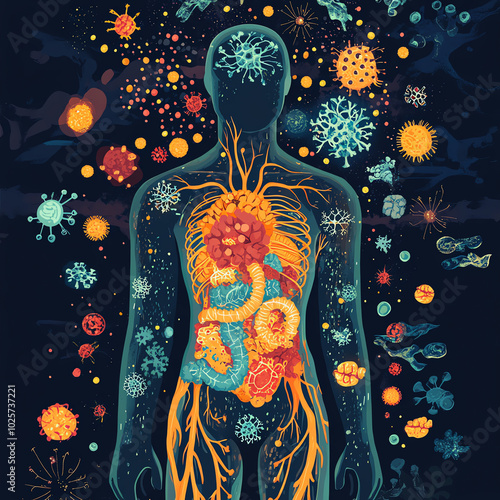 A front view of a person recovering from an illness, with the immune system working to restore health.