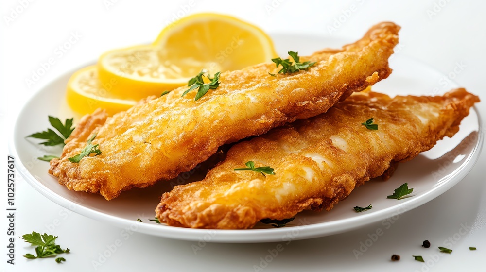Crispy fried fish fillets with lemon slices and herbs.