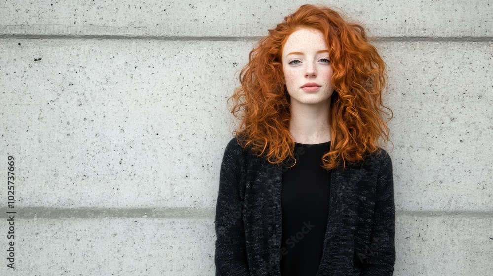Serene redheaded woman leaning concrete wall Serene redheaded woman leaning concrete wall