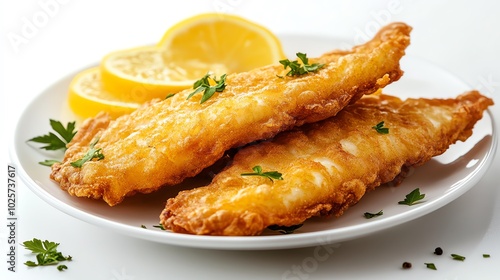 Obraz na płótnie Crispy fried fish fillets with lemon slices and herbs. w salonie