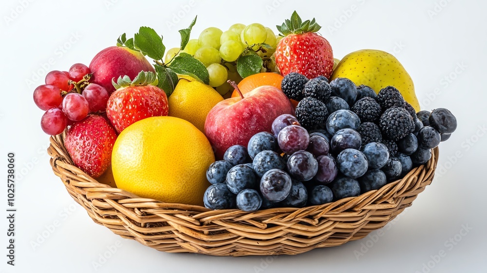 Basket filled with assorted fresh fruits on white background. Basket filled with assorted fresh fruits on white background.
