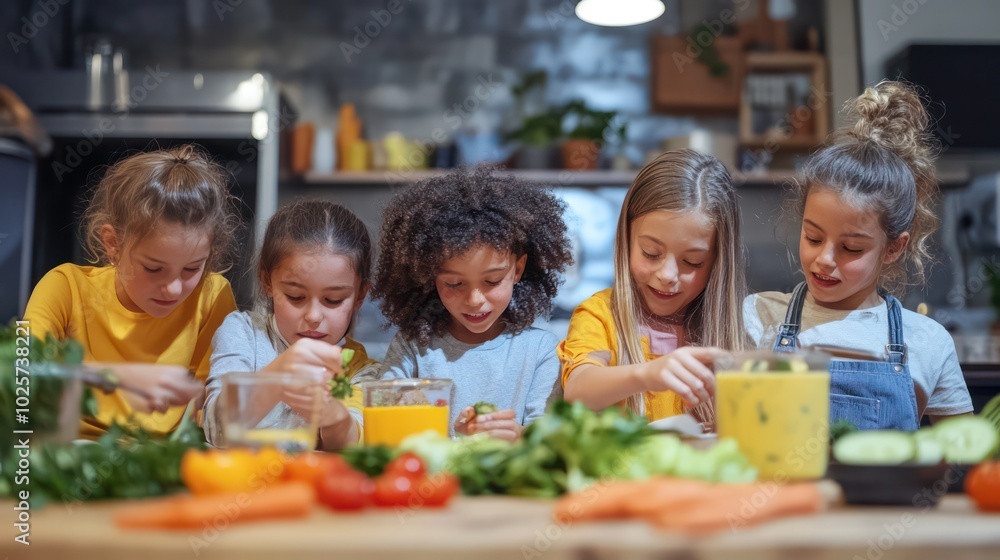 A group of children participating in a vegan cooking class, learning to make plant-based snacks like smoothies and veggie wraps A group of children participating in a vegan cooking class, learning to make plant-based snacks like smoothies and veggie wraps